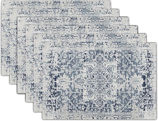 Navy Blue Grey Ethnic Boho Placemats Set of 6 Bohemian Carpet Vintage Gray Linen Washable Kitchen Dining Table Mats Stain Heat-Resistant Desktop Decor Place Mats for Home Party Indoor 12x18 in