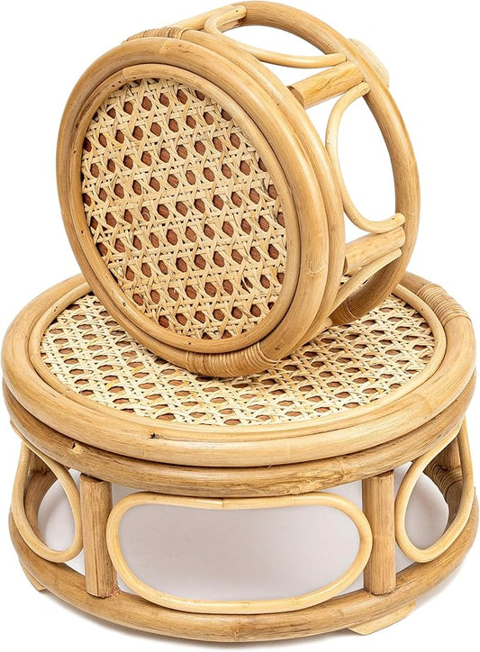Set of 2 Large Rattan Wicker Round Risers Decorative Indoor Plant Stand, Mid Century Minimalist Modern Plant Stands, Boho Short Plant Stand Holder Suitable Fits 8'' and 12'' Pots