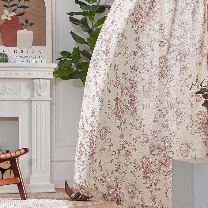 jinchan Linen Blend Curtain Floral Curtains for Living Room 63 Inch Length Brick Red Printed Curtain Rod Pocket Back Tab Farmhouse Peony Flower Patterned Drapes Bedroom Window Curtains Set 2 Panels