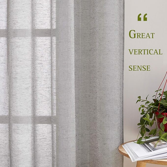 NICETOWN Charcoal Grey Solid Linen Sheer Curtains, Ring Top Thick Flax Light Reducing Wrinkle Free Linen Blend Semi Sheer Window Treatment for Kitchen/Bedroom, W52 x L45, 2 Panels