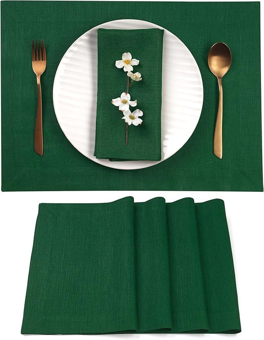 D'Moksha Homes Linen Forest Green Placemats Set of 4-100% Pure Linen Placemats 14 x 19 Inch for Summer - Handcrafted and Machine Washable