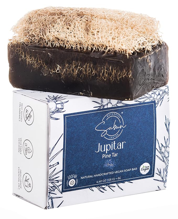 Pine Tar Soap with Loofah - Natural Exfoliating Soap Bar for Men - Smells Like Smoked Woody Pine - Handmade with Pine Tar, Jojoba Oil, Witch Hazel - Black Soap Bar for Body Scrub [4.40 oz - 125 gr]