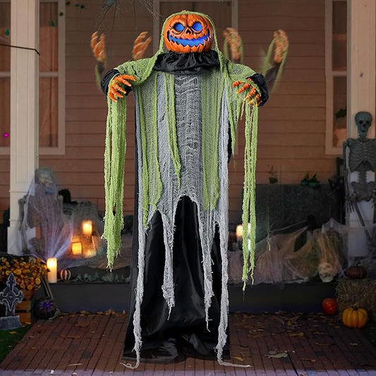 JOYIN 72" Halloween Decorations Outdoor Life Size Animatronics Ghost Pumpkin Decor, Sound-Actived Haunted House Props with Creepy Sound for Garden Yard Lawn