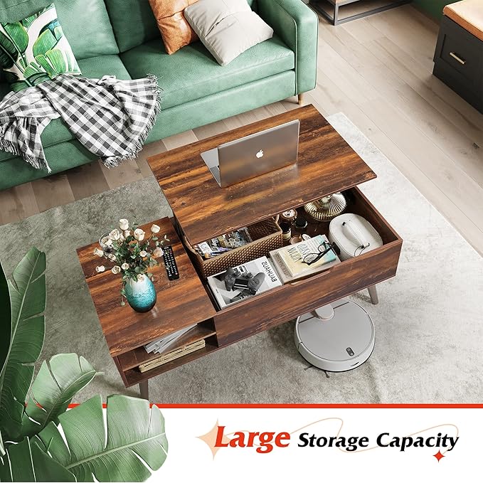 WLIVE Coffee Table, 47“ Lift Top Coffee Tables with Adjustable Storage Shelf and Hidden Compartment, Lift Tabletop Dining Table for Living Room, Rustic Oak
