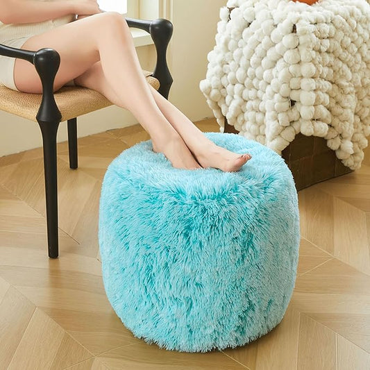 XeGe Fluffy Faux Fur Inflatable Pouf Ottoman, Cozy Portable Fuzzy Foot Stool, Furry Foot Rest Floor Pouf Anti-Slip Kids Girls Adult, Cute Round Ottoman Cushion for Living Room Bedroom, Ombre Aqua
