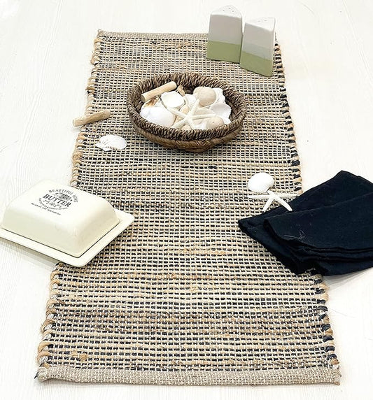 Chardin home Natural Jute Table Runner 13x36 Inch – Vintage Boho Rustic Table Decor – Handwoven Jute Table Runner in Natural and Black Charcoal – Farmhouse Dining or Console Table Accent