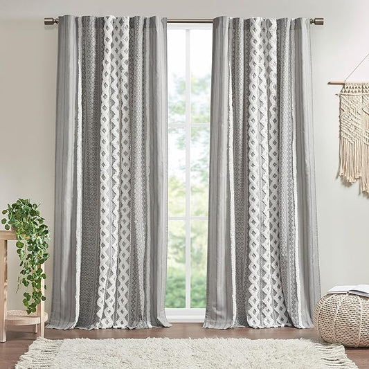 INK+IVY Imani 100% Cotton Single Panel Curtain Tufted Chenille Stripe Geometric Print Mid-Century Look Rod Pocket Top Drape for Living Room, Privacy Window Treatment for Bedroom, 50" x 84", Grey