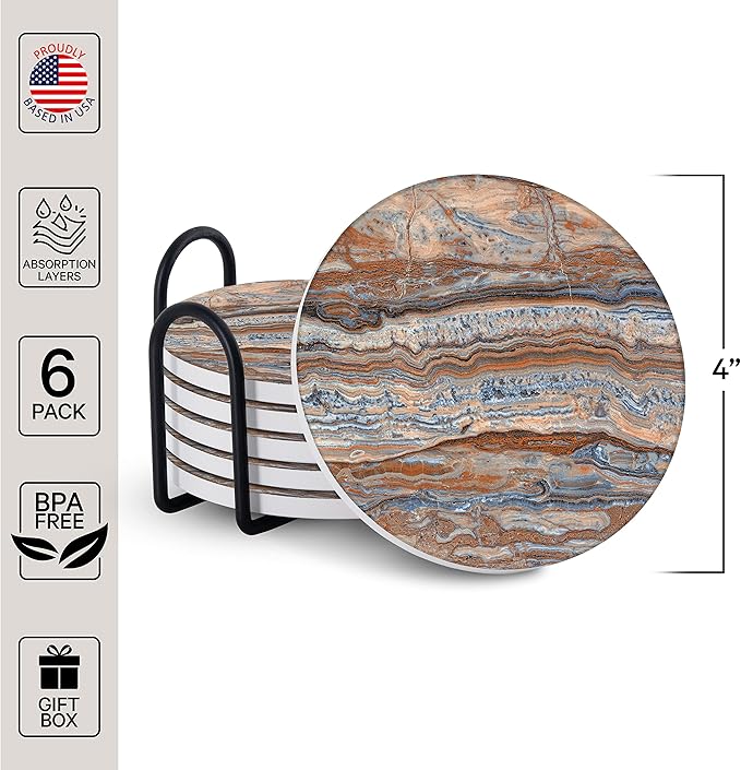 Emerson Coasters for Drinks Absorbent – Natural Stone Drink Coasters Set with Holder, Coasters for Coffee Table, Wooden Tabletop Protection Marble Style – 100% Heavy Duty Set of 6 (Terra)
