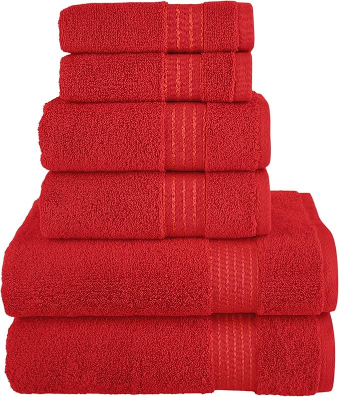 Elegant Comfort Premium Cotton 6-Piece Towel Set, Includes 2 Washcloths, 2 Hand Towels and 2 Bath Towels, 100% Turkish Cotton - Highly Absorbent and Super Soft Towels for Bathroom, Red