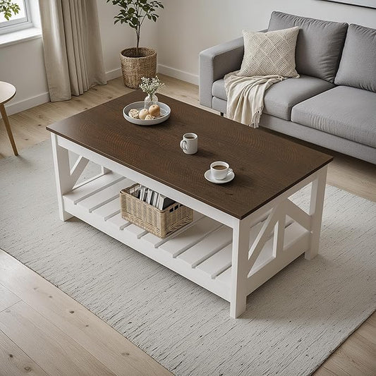 YESHOMY 39" Farmhouse Coffee Table, Coffee Tables for Living Room, Farmhouse Square Coffee Table with Storage, Couch Table, Small Tables for Small Spaces, Brown and White
