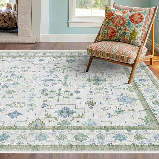 Oushak Area Rug for Bedroom 5x7 - Blue and Green Vintage Boho Floral Geometric, Washable Low Pile Non Slip Area Rugs for Nursery Room, Foyer, Cozy Aesthetic Room Decor
