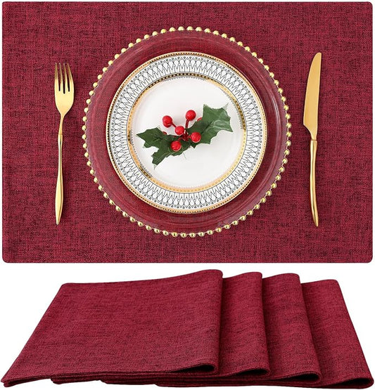 homing Red Cloth Placemats Set of 4 – Cotton Linen Blend Washable Farmhouse Dining Table Mats for Christmas, Easy to Clean, 13 x 19 Inch