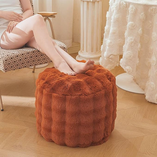 LIFEREVO Faux Rabbit Fur Round Inflatable Pouf Ottoman, 20" X 16" Fluffy Waffle Bubble Floor Poufs Foot Rest for Living Room Bedroom, Furry Pouf Foot Stool Kids Girls Adults, Anti-Slip, Burnt Orange