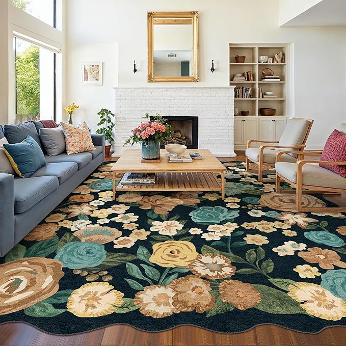 Washable Floral Area Rug 8x10 Black Living Room Large Carpet Bedroom Scalloped Flower Non Slip Soft Throw Rug Farmhouse Low Pile Thin Indoor Floor Cover for Dining Room Office