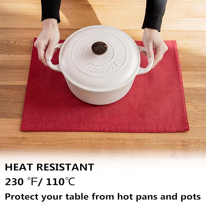 Demetex Placemats Set of 6 Red Linen Wipeable Place Mats Heat Resistant Cloth Placemats for Dining Table Restaurants Holiday, 13 x 19 inches, Wine Red