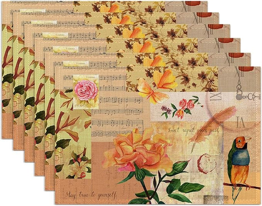Vintage Roses Placemats Set of 6,Washable Heat Resistant 12×18 Inch Linen Table Mats Summer Flower Place Mats for Party Outdoor Dining Décor