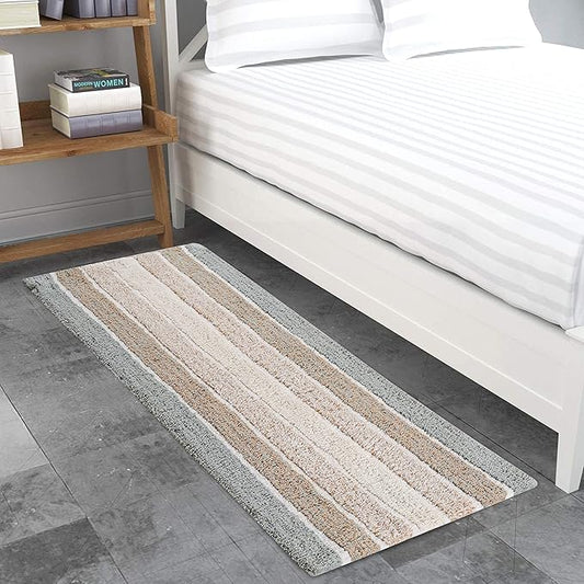Bathroom Rugs Runner Bath Rug Grey Beige 24x60 Inches Alpine Stripe Non-Slip Cotton Long Bath Mats for Bathroom Floor |Quick Dry Bathroom Mat for Tub Spa Shower|Living Room Entry Way Door Mats