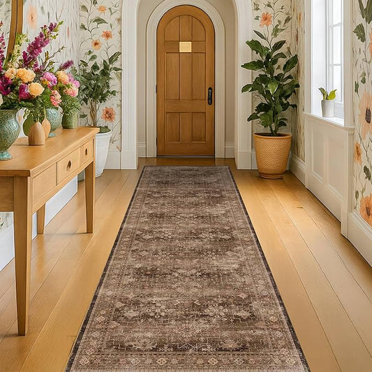 Brown Washable Long Runners for Hallways, 2x10 Wide Kitchen Runner Rug, Entryway Indoor Rug, Non Slip Rubber Backing Boho Vintage Dark Floor Decor