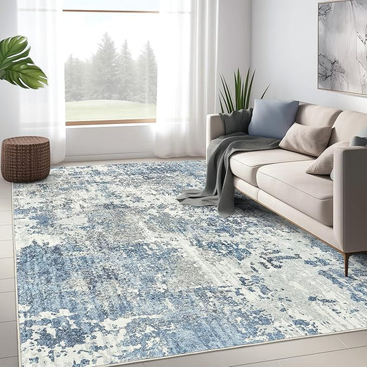 Art&Tuft Washable Rug, Anti-Slip Backing Abstract 6x9 Rug, Stain Resistant Rugs for Living Room, Foldable Machine Washable Area Rug (TPR53-Blue, 6'x9')