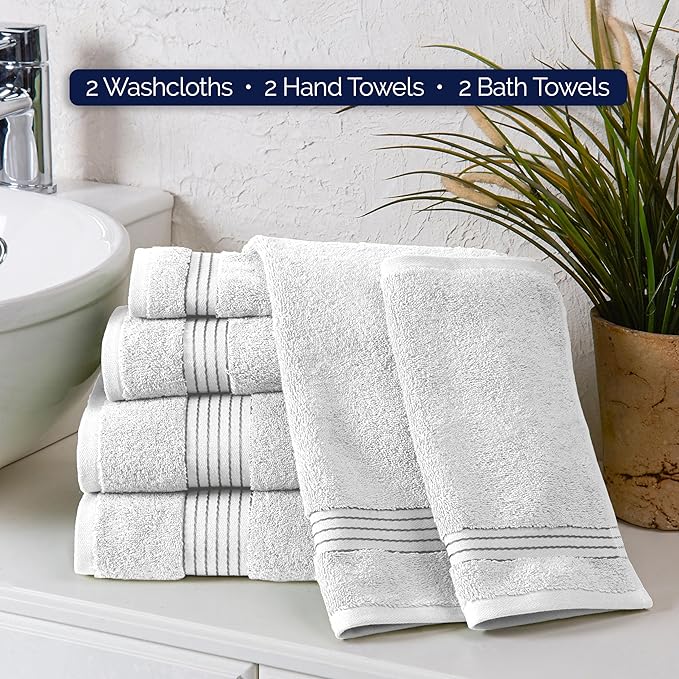 Elegant Comfort Premium Cotton 6-Piece Towel Set, Includes 2 Washcloths, 2 Hand Towels and 2 Bath Towels, 100% Turkish Cotton - Highly Absorbent and Super Soft Towels for Bathroom, White/Gray