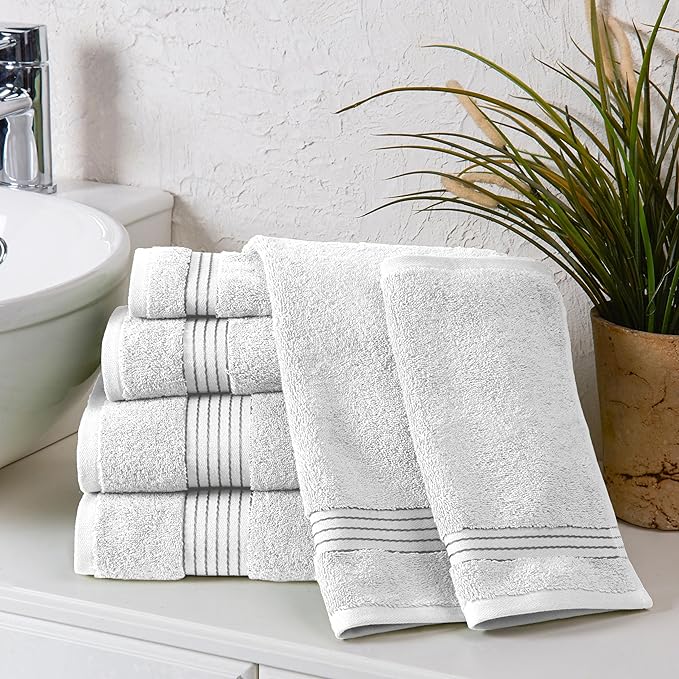 Elegant Comfort Premium Cotton 6-Piece Towel Set, Includes 2 Washcloths, 2 Hand Towels and 2 Bath Towels, 100% Turkish Cotton - Highly Absorbent and Super Soft Towels for Bathroom, White/Gray