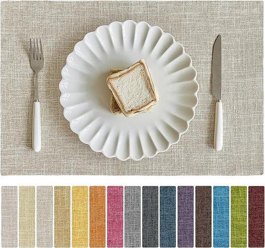 Softalker Faux Linen Placemats Set of 6-12 x 18 Inch, Heat Resistant Double Layered Durable Burlap Farmhouse Place Mats, Non-Slip Washable Rustic Table Mats for Dining, Kitchen, Party（Beige
