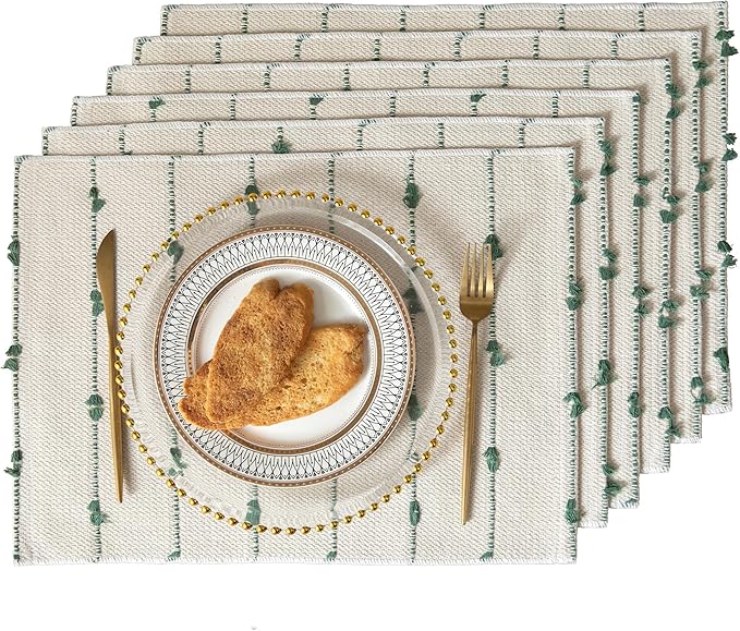 Boho Placemats Set of 6 for Dining Table Decor, Woven Cloth Place Mats for Farmhouse Rustic Kitche Home Decor, Cotton Placemats 13 x 19 Inch, Green and Beige Table mats