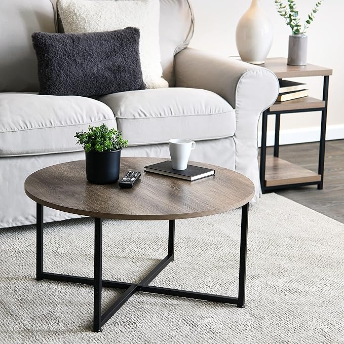 Household Essentials Jamestown Round Coffee Table Ashwood Rustic Wood Grain and Black Metal 31.5 x 31.5, Taupe