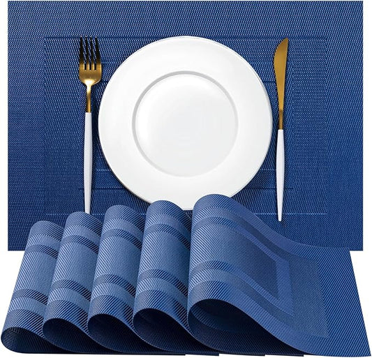 Placemats Set of 12 - Easy Clean Woven Vinyl Placemats for Dining Table, Indoor/Outdoor Place Mats, Washable PVC Table Mats（Navy Cube）