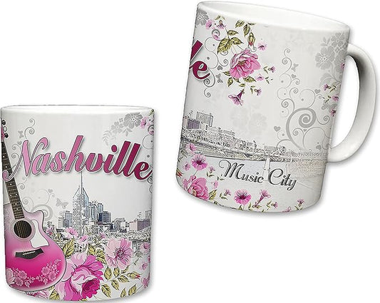 Sweet Gisele | City of Nashville Ceramic Mug | Coffee Cup | Downtown Skyline Background | Music City Theme | Pink Guitar & Floral Pattern Foreground | Great Novelty Gift | 11 Fl. Oz (Pink/Grey)