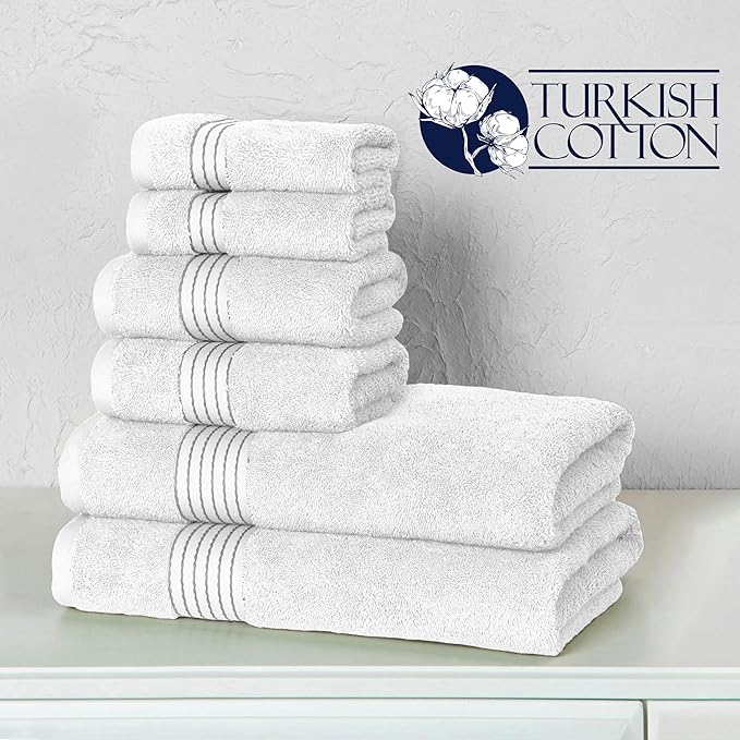 Elegant Comfort Premium Cotton 6-Piece Towel Set, Includes 2 Washcloths, 2 Hand Towels and 2 Bath Towels, 100% Turkish Cotton - Highly Absorbent and Super Soft Towels for Bathroom, White/Gray