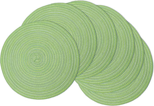 Braided Round Placemats Set of 6, Woven Washable Non-Slip Table Mats for Kitchen Dining, 14.5 Inch, Heat Resistant - Natural Fabric Indoor Outdoor Place Mats(Green)