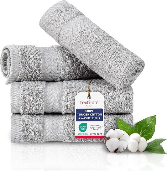 TEXTILOM Washcloths for Body and Face – Hotel and Spa Quality & Soft & Absorbent & Quick Dry Wash Cloths for Your Body – 100% Turkish Cotton Wash Clothes Towel Set of 4 (13 x 13 inches) - Light Grey