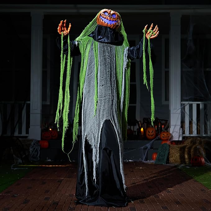 JOYIN 72" Halloween Decorations Outdoor Life Size Animatronics Ghost Pumpkin Decor, Sound-Actived Haunted House Props with Creepy Sound for Garden Yard Lawn