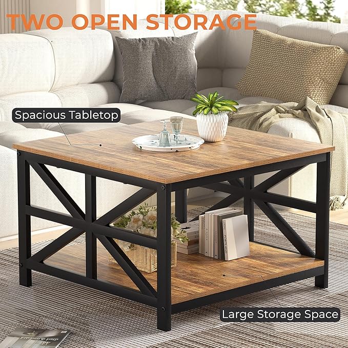 GreenForest Coffee Table with Storage for Living Room, Small Square Center Tables with Seamless One-Piece Tabletop Farmhouse Style, Walnut