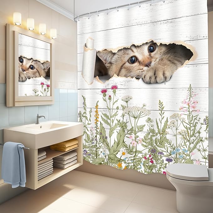LGhtyro Wildflower Cats Shower Curtain Bathroom Set 60Wx71H Inches Kids Funny Floral Rustic Plant Leaves Botanical Country Bath Accessories Animal Cute Flower Art Home Decor Fabric 12 Pack Hooks