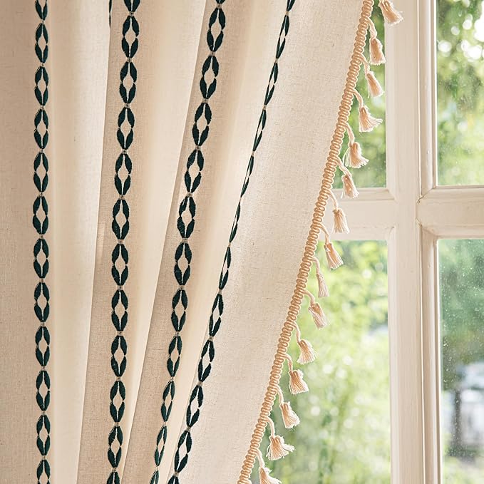 Sutuo Home Boho Curtains 84 Inches Long for Bedroom Living Room, Bohemian Drape,Light Filtering Country Semi Blackout Farmhouse Window Treatment Rod Pocket, 1 Panel W52 x L84,White and Hunter Green