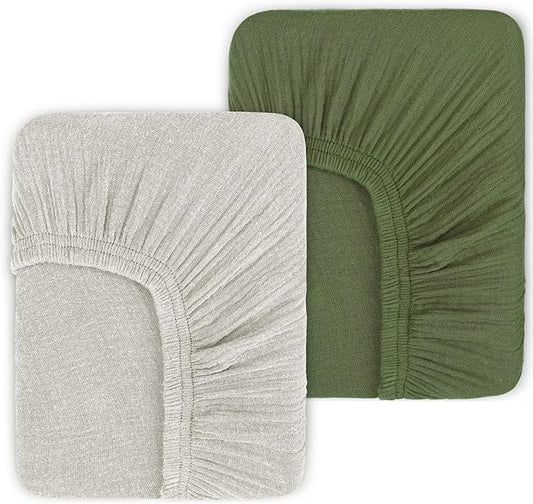 Muslin Fitted Crib Sheets for Girls & Boys-2 Pack 28"x 52" Soft Baby Mattress Sheet-No Slip Boho Neutral Breathable Toddler Cotton Bedding Olive Green & Beige Colors