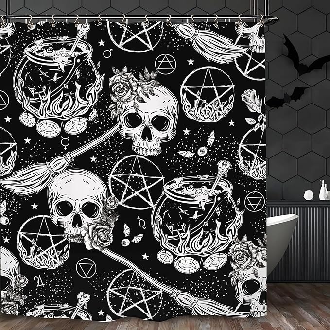Skull Witch Halloween Shower Curtain 60Wx72L Inch Horror Spooky Scary Magical Mysterious Gothic Black White Holiday Bathroom Set Accessories Decor with 12 Pack Hooks