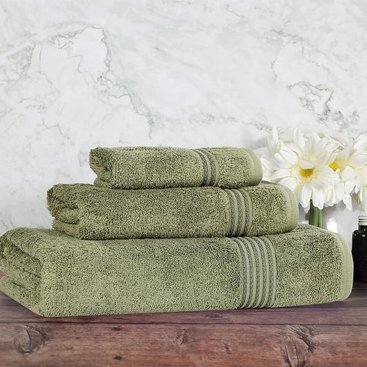 Superior Egyptian Cotton 3-Piece Towel Set, Assorted Towels, Home Bathroom, Master, Guest Bath, Decor Essentials, Includes 1 Bath, 1 Hand, 1 Face Towel/Washcloth, Quick Dry, Absorbent, Forest Green