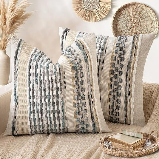 ANRODUO Pack of 2 Boho Decorative Throw Pillow Covers 18x18 Farmhouse Cushion Case Striped Chenille Pillow Cases Square Pillow Covers Accent Neutral Pillowcase for Sofa Couch Bed, Gray Blue Stripe