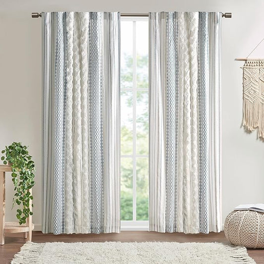 INK+IVY Boho Curtains for Bedroom Single Panel Window Curtains for Living Room, 100% Cotton Tufted Chenille Stripe Modern Farmhouse Curtains Light Filtering Drapes for Bedroom, 50" x 84", Ivory/Navy