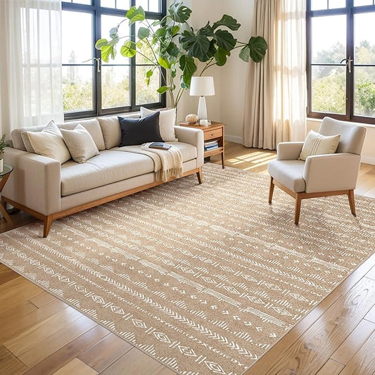 Area Rug 6x9 Living Room Distressed Area Rugs, Non Slip Washable Rugs Large Moroccan Boho Farmhouse Rug for Bedroom Dining Room, Neutral Low Pile Indoor Floor Carpet, Coffee