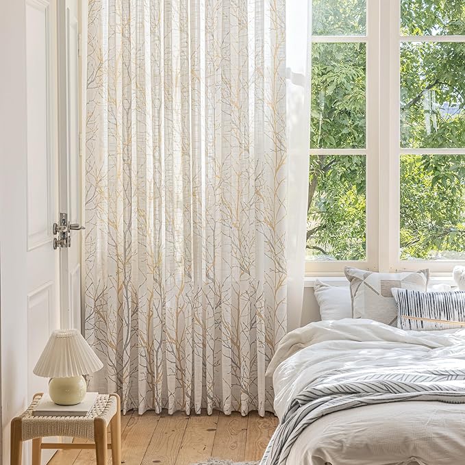 FMFUNCTEX Linen Semi Sheer Curtains for Bedroom, Yellow White Curtains 108 Inches Long for Living Room, Grey Tree Branch Print Curtain Light Filtering Extra Long Window Drapes, Grommet Top 2 Panels