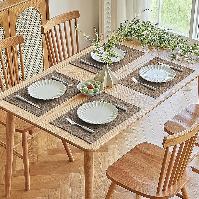 Softalker Faux Linen Placemats Set of 12-12 x 18 Inch, Heat Resistant Double Layered Durable Burlap Farmhouse Place Mats, Non-Slip Washable Rustic Table Mats for Dining, Kitchen, Party（Brown