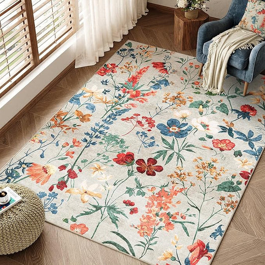 Beige Area Rug 3x5 Office Floral Boho Door Mat Indoor Washable Kitchen Carpet Non Slip Bedroom Low Pile Lightweight Soft Throw Rug for Living Dining Room Bathroom
