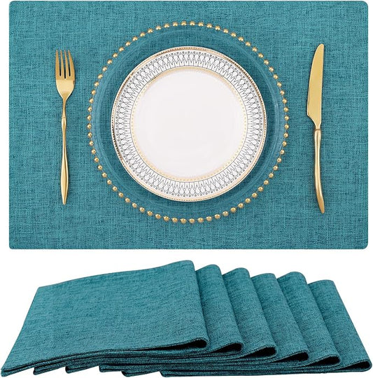 homing Teal Cloth Easter Placemats Set of 6 – Cotton Linen Blend Washable Spring Dining Table Mats for Easter, Indoors & Outdoors, Easy to Clean, 13 x 19 Inch