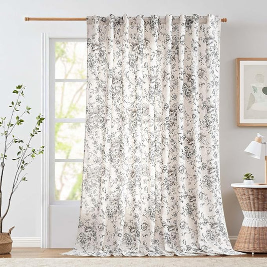 jinchan Linen Floral Curtains Extra Wide for Patio Sliding Glass Door Room Divider Curtain for Living Room 108 Inch Length Farmhouse Peony Black Printed Curtain Set 1 Panel