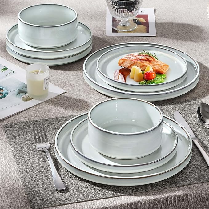 Herogo 12 Pieces Stoneware Dinnerware Set for 4, Ceramic Dinner Dishware Sets for Home Kitchen, Plates and Bowls with Rustic Terracotta Bottom, Dishwasher & Microwave Safe, Icy White