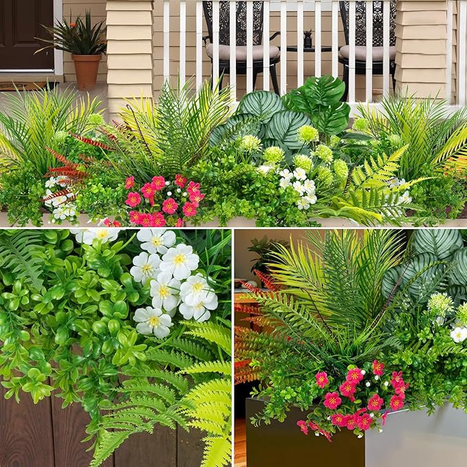 20 Pcs Artificial Plants Outdoor Fake UV Resistant Artificial Flowers Greenery Stems Boston Fern Faux Shrubs Plastic Plants for Garden Porch Planter Window Box Home Decor